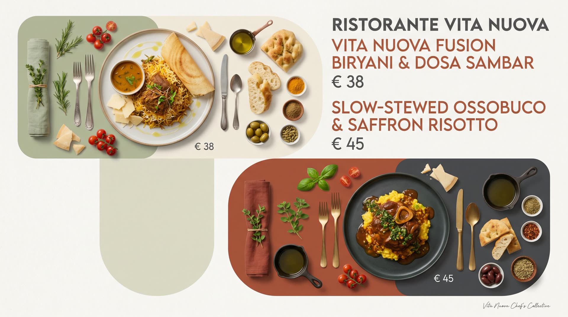 Variante Ristorante Vita Nuova: menú horizontal con biryani, dosa y ossobuco
