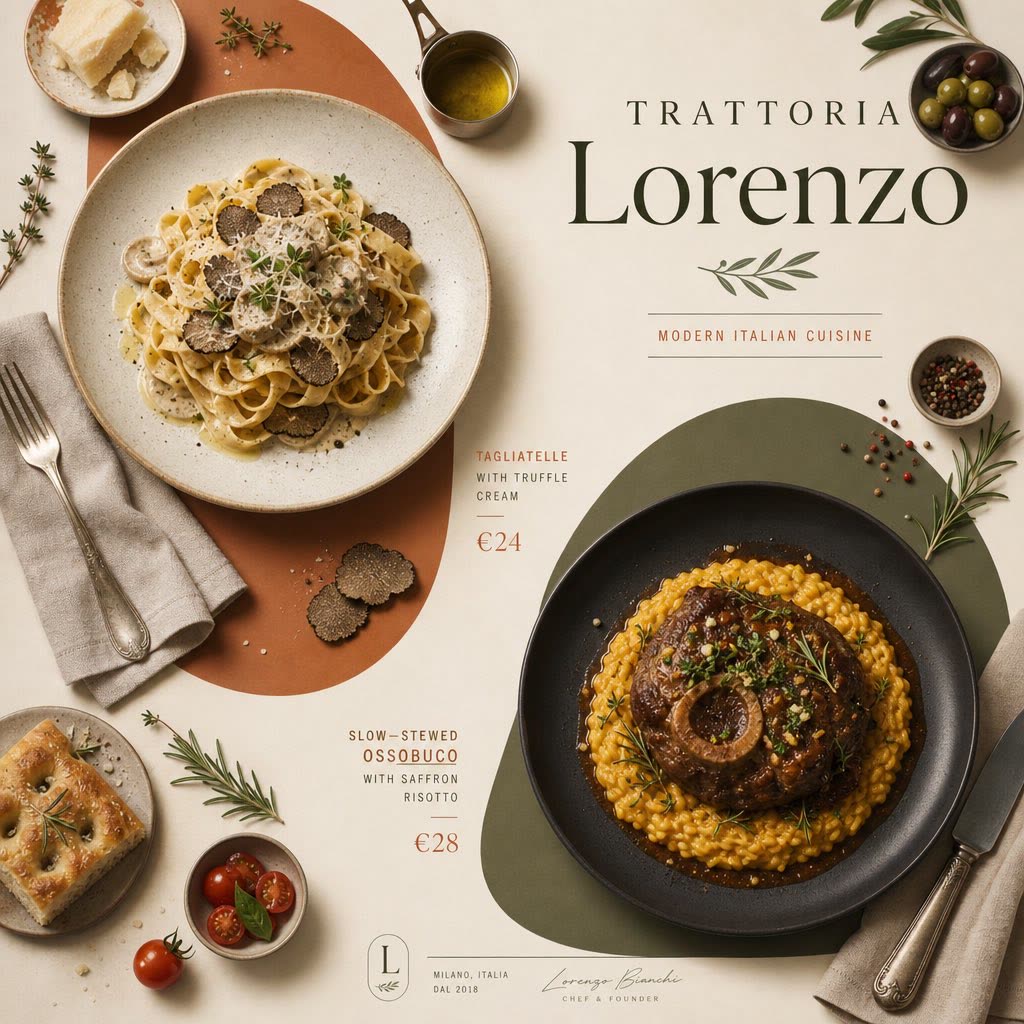 Póster GPT Image 2 Trattoria Lorenzo: tagliatelle con trufa y ossobuco con risotto en bloques geométricos terracotta y verde oliva