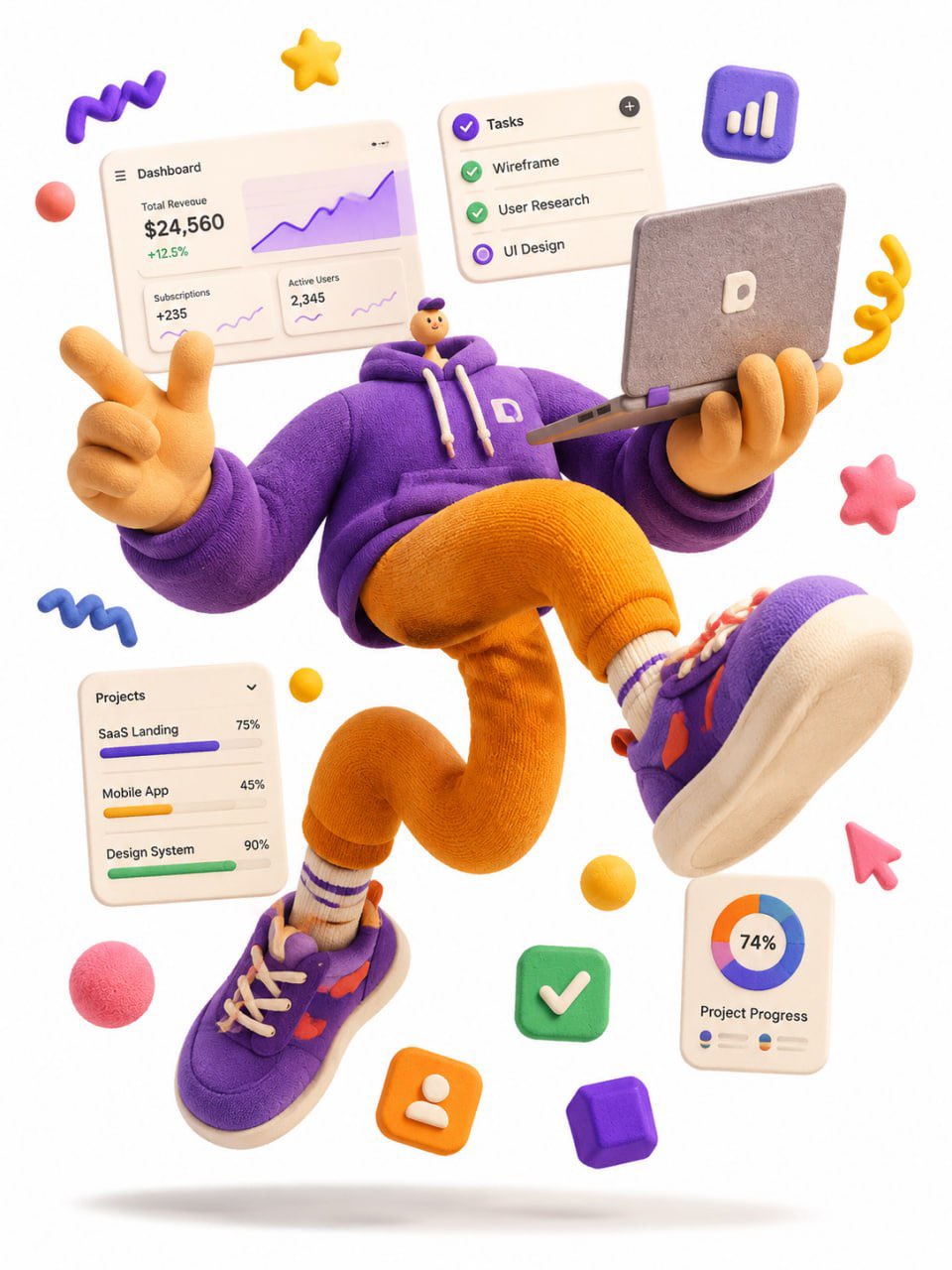 Ilustración 3D GPT: personaje cartoon exagerado con laptop y elementos SaaS flotantes