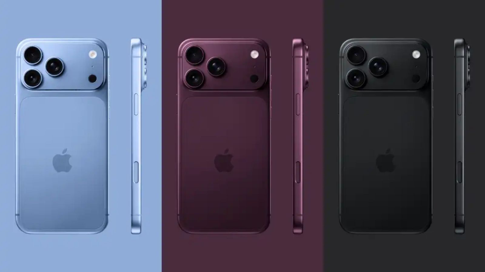 Comparativa filtrada de cuatro colores rumoreados para iPhone 18 Pro y Pro Max: azul claro, cereza oscuro, gris y plata