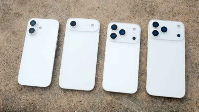 Cartel filtrado con siluetas de tres iPhone rumoreados: iPhone Air 2, iPhone 18 e iPhone 18e con distintos tamaños de pantalla