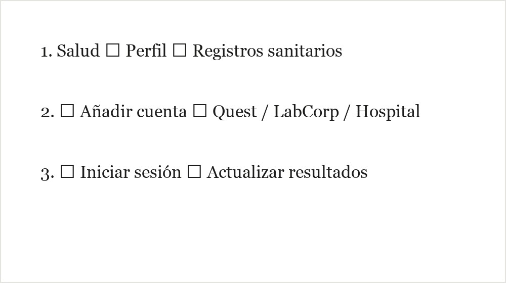Pasos en iPhone: Salud, perfil, Registros sanitarios, añadir cuenta Quest LabCorp u hospital