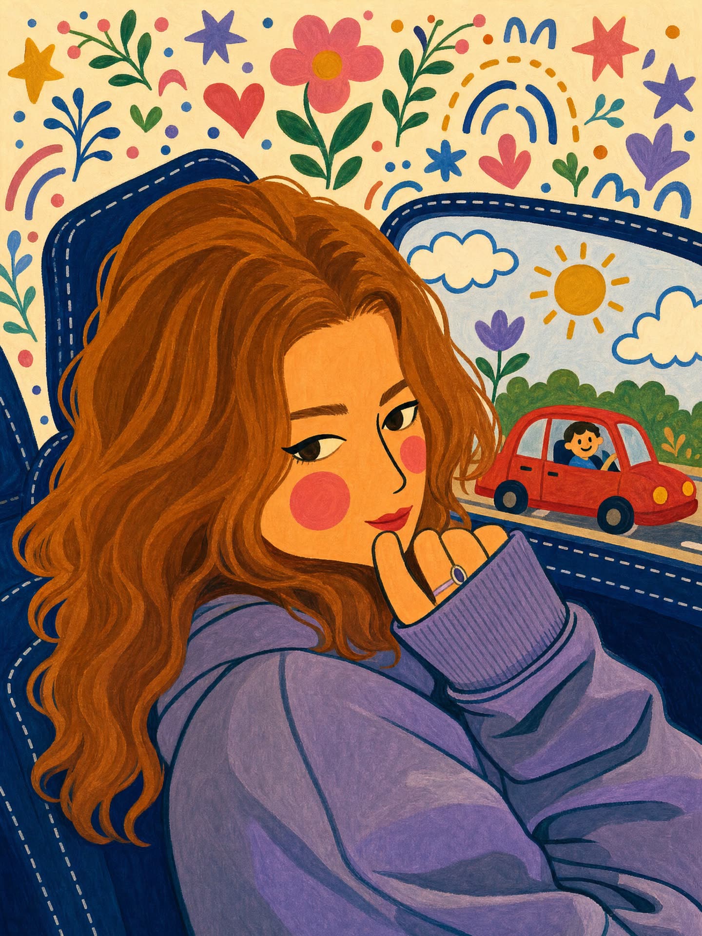 Foto de referencia en interior de coche — imagen de partida para el prompt gouache folk-art