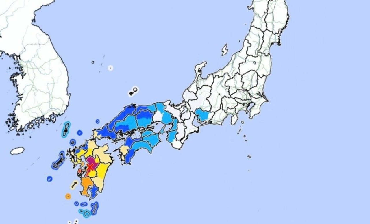 Mapa de intensidades sísmicas en el sur de Japón tras el terremoto de magnitud 7,1 del 28 de julio de 2026, según la Agencia Meteorológica de Japón