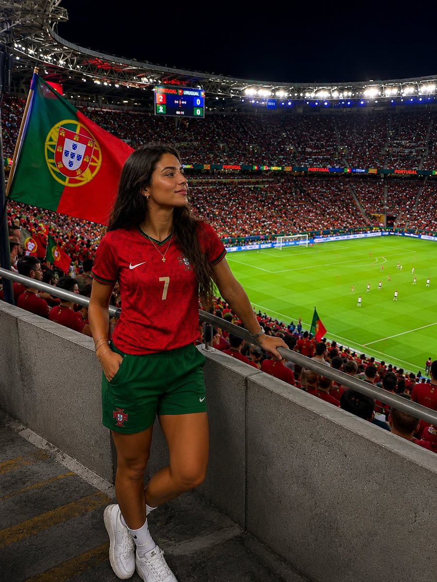 Segundo ejemplo del hilo: aficionado portugués en estadio nocturno con camiseta roja y verde