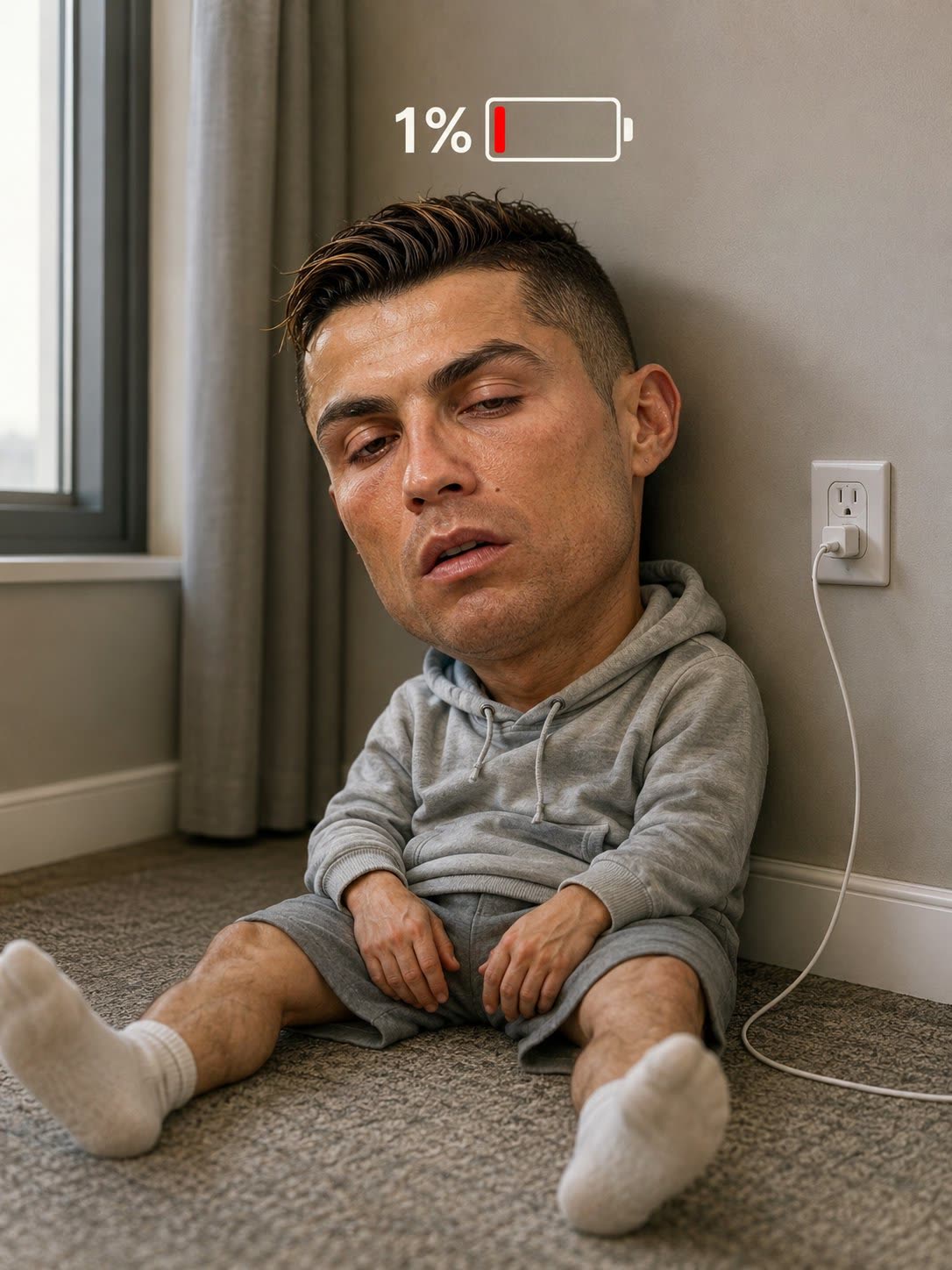 Segunda variante del hilo: retrato humorístico de futbolista agotado con icono de batería al 1 %