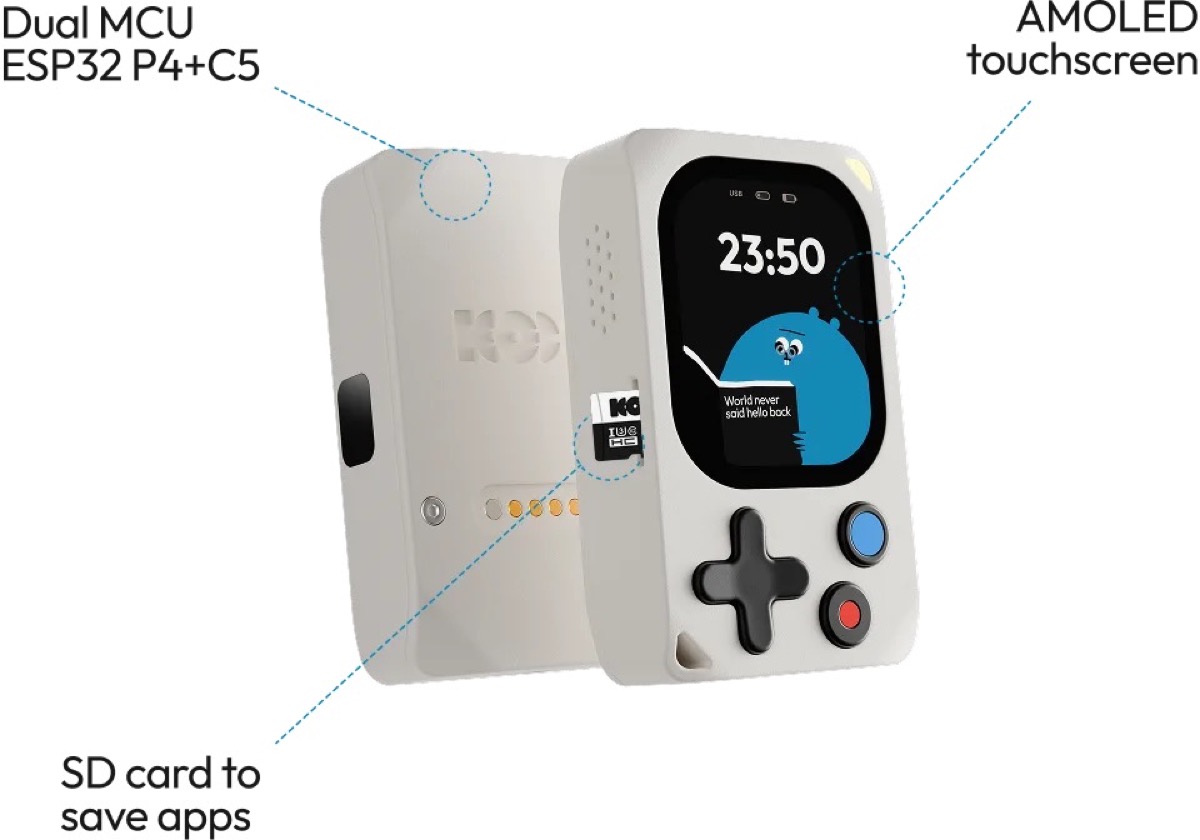 Kode Dot frontal y trasero con anotaciones de hardware: dual MCU ESP32 P4 + C5, pantalla AMOLED y ranura microSD
