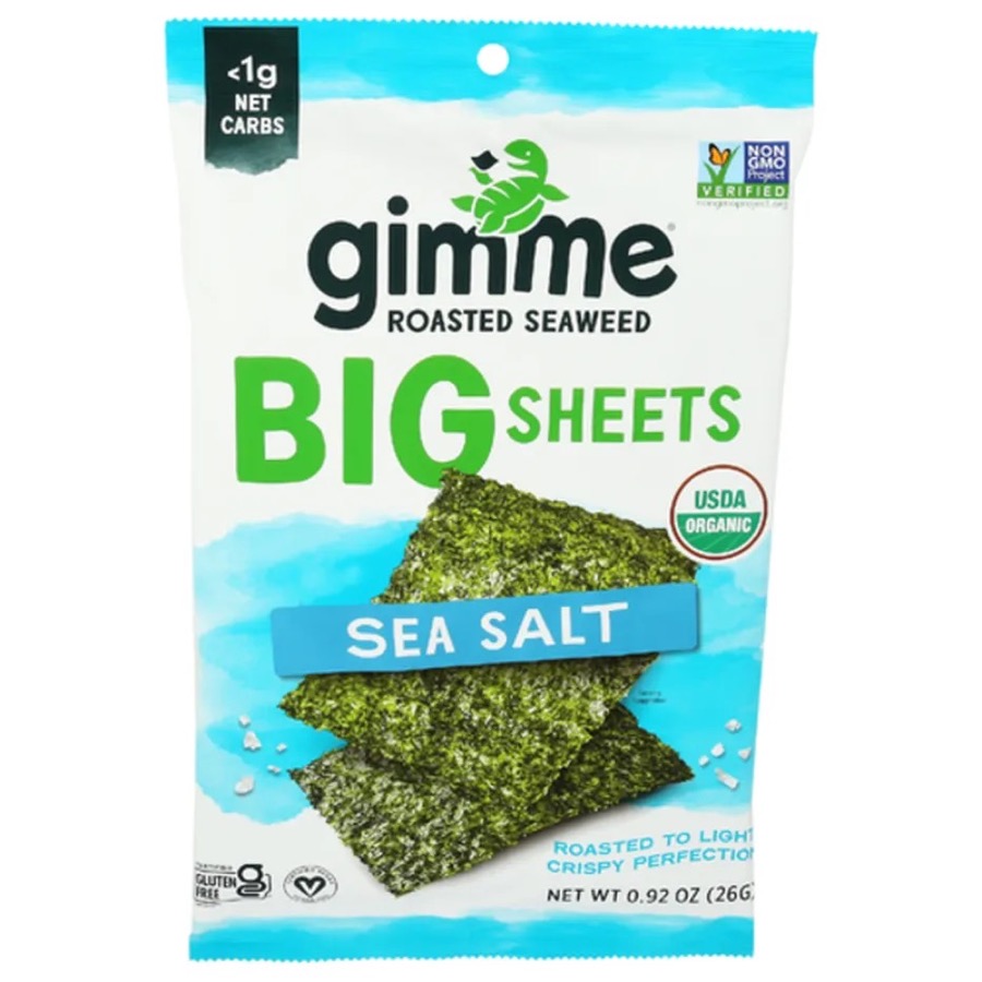 Envase comercial de gimMe Organic Roasted Seaweed Big Sheets Sea Salt: láminas grandes de nori tostado con sellos USDA Organic y Non-GMO