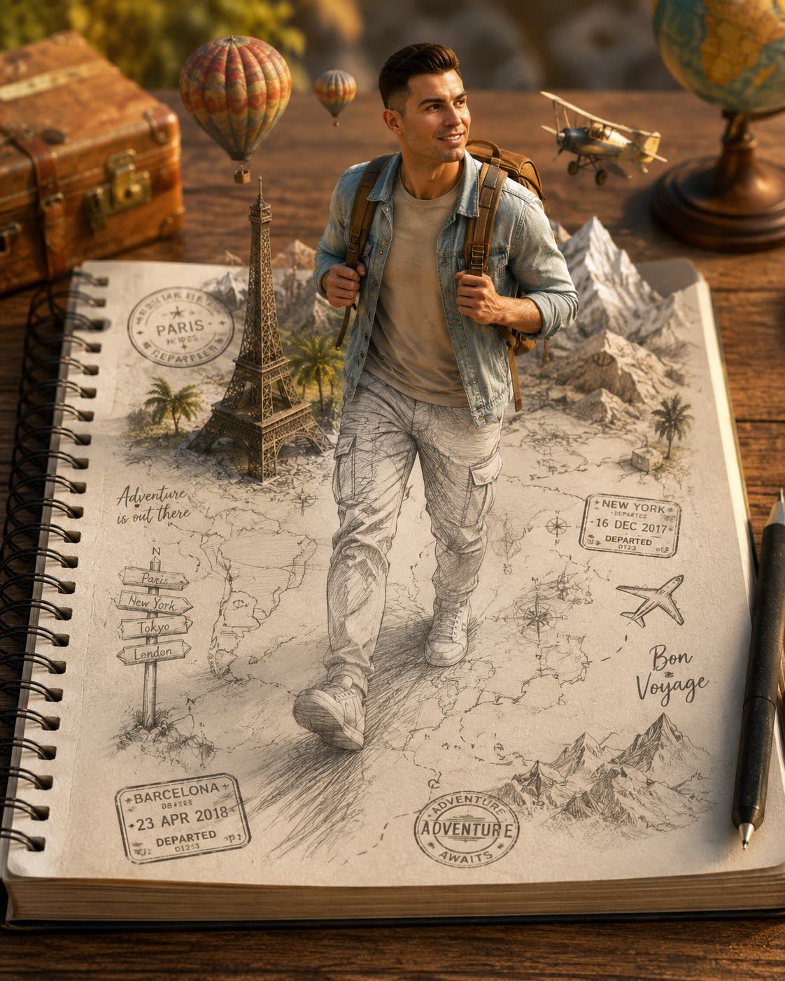 Segunda variante de la ilusión 3D cuaderno-viajero generada con el mismo prompt