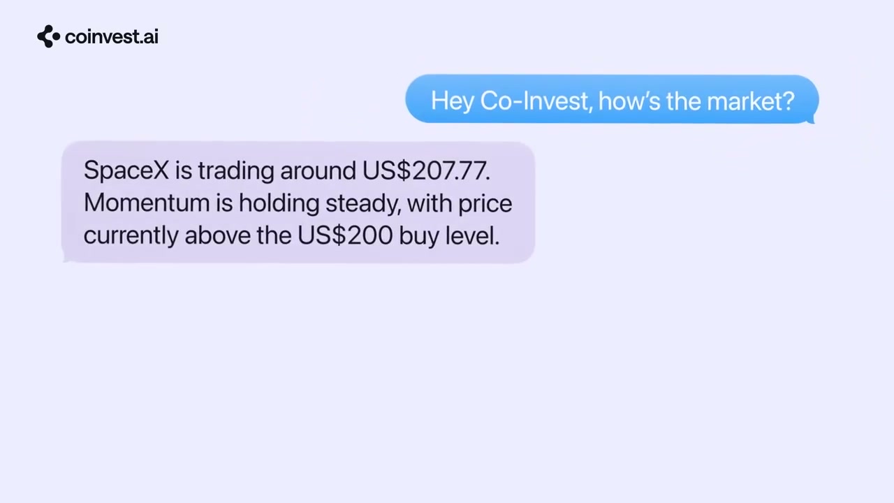 Conversación de Co-Invest en iMessage consultando el mercado de SpaceX