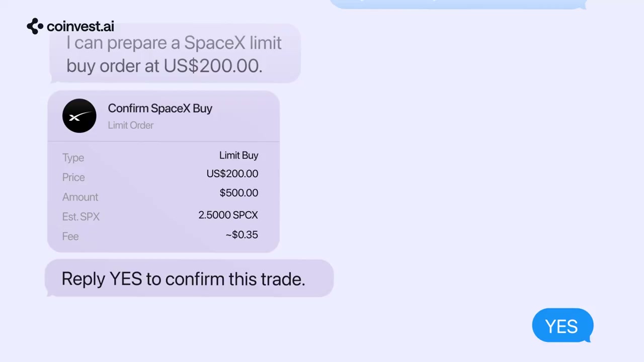 Co-Invest en iMessage confirmando una orden limit de compra de SpaceX