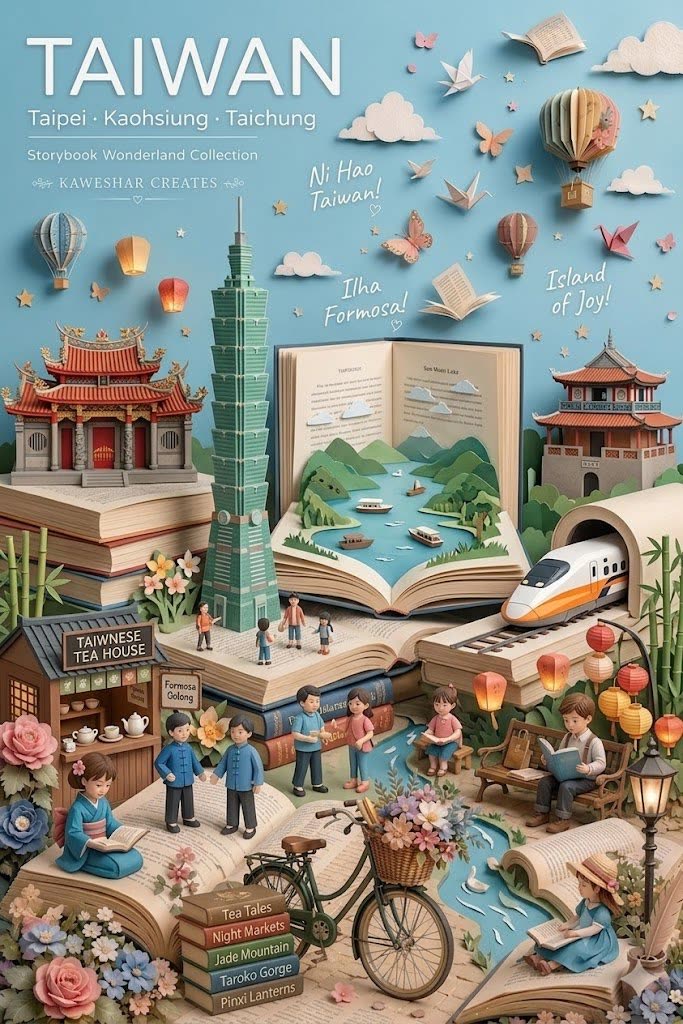 Segundo ejemplo papercraft de @luciaverseai: póster de viaje Taiwán