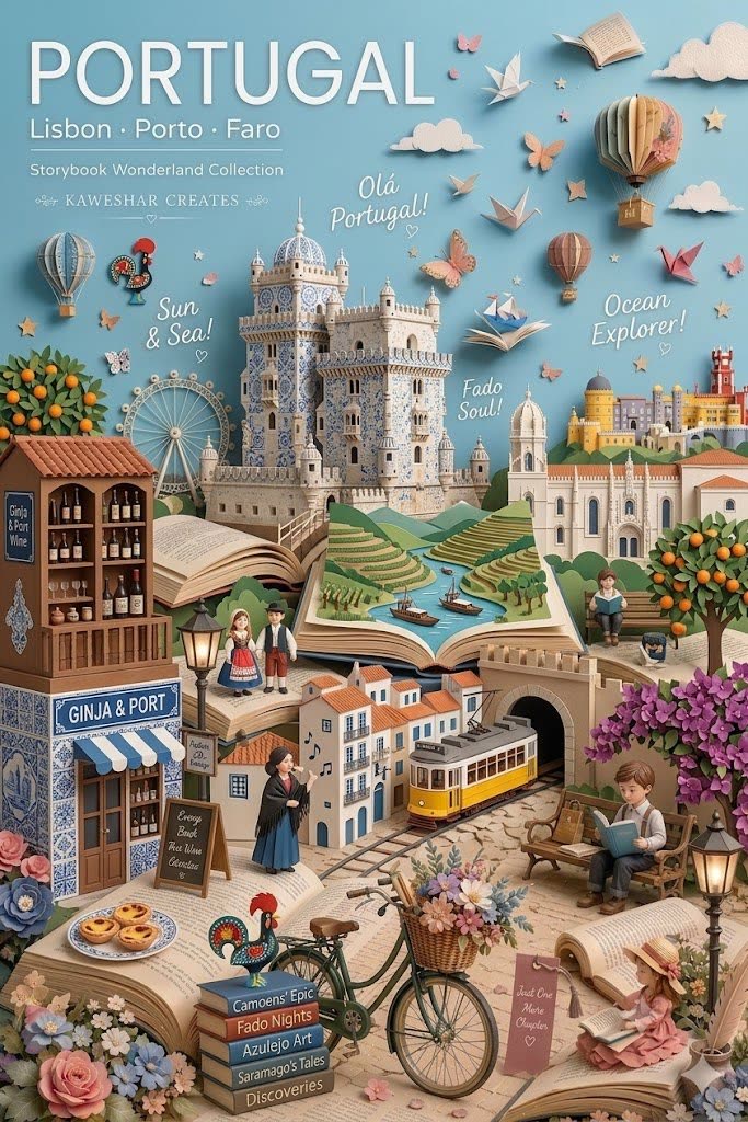 Póster papercraft pop-up de viaje de @luciaverseai (Portugal)