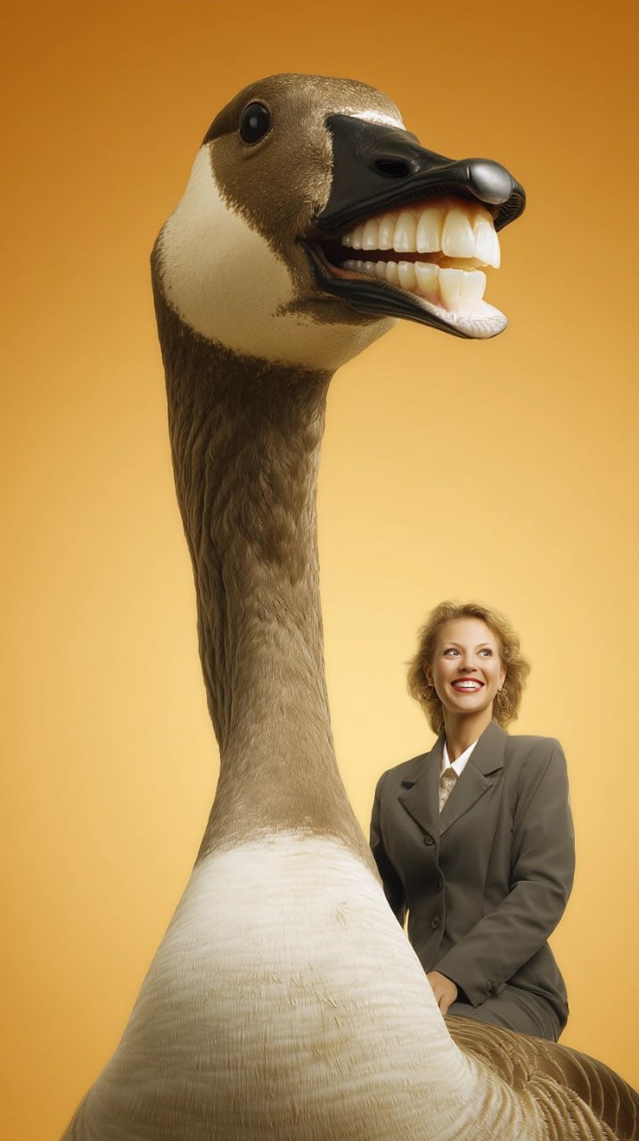 Editorial surrealista de @Maddox_Digital con ganso antropomórfico sonriente