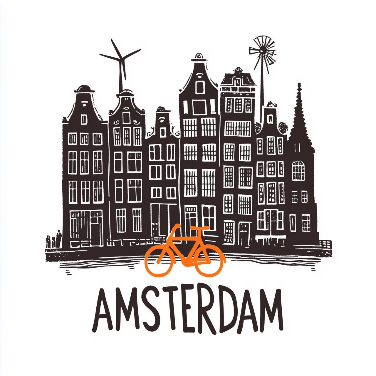 Ilustración linocut GPT Image 2: Ámsterdam en blanco y negro con bicicleta naranja