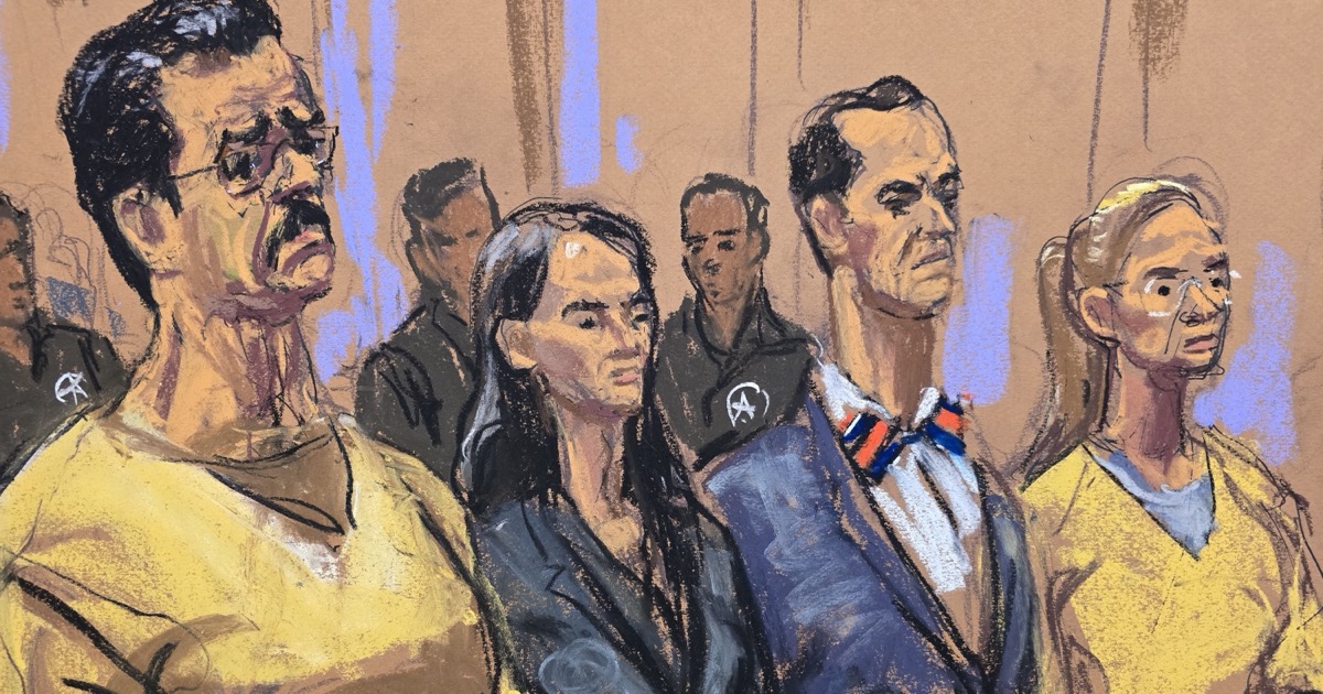 Retrato judicial de Nicolás Maduro, sus abogados y Cilia Flores durante la audiencia del 22 de julio de 2026 en el tribunal federal de Manhattan (Jane Rosenberg vía AP)