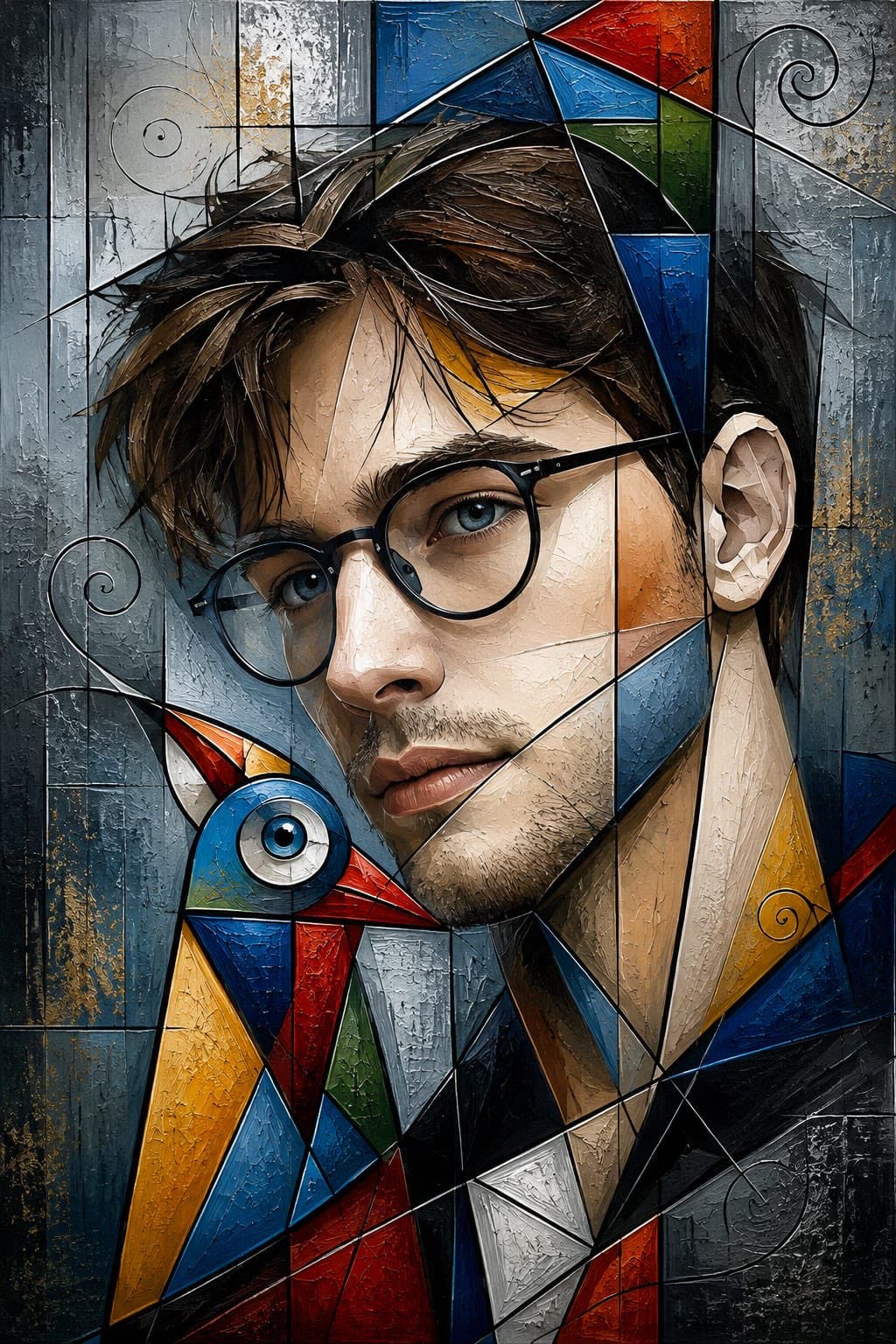 Retrato cubista GPT Image 2 de @mon010_de: perfil geométrico con ojo azul-gris oversized y pájaro surreal fusionado