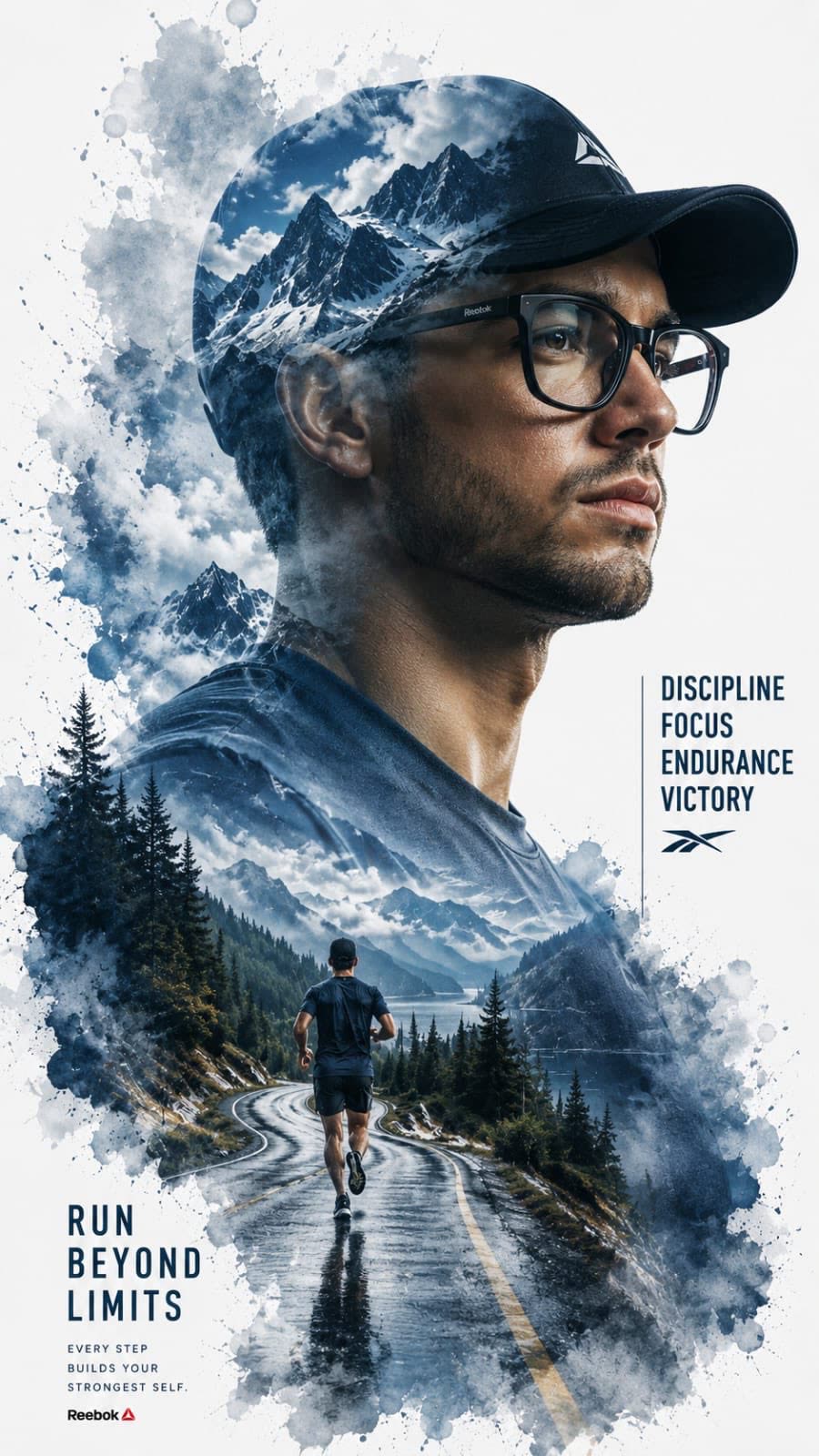 Póster deportivo GPT Image 2 de @mon010_de: doble exposición con perfil de corredor, montañas nevadas, carretera mojada y tipografía motivacional RUN BEYOND LIMITS