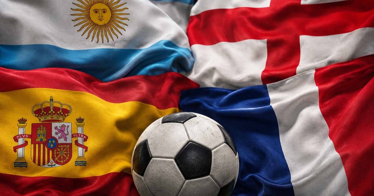Flags of Argentina, England, Spain and France next to a ball: the first four in the FIFA ranking in the 2026 World Cup semifinals