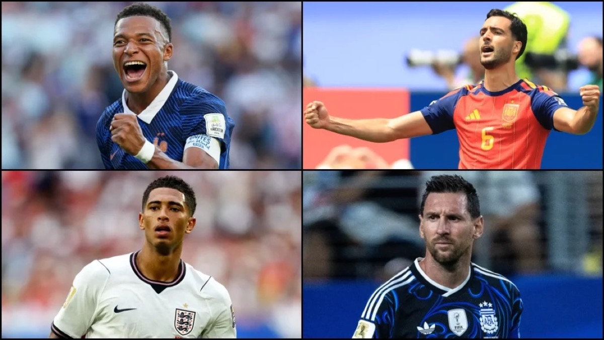 Kylian Mbappé (France), Mikel Merino (Spain), Jude Bellingham (England) and Lionel Messi (Argentina), semi-finalists of the 2026 World Cup