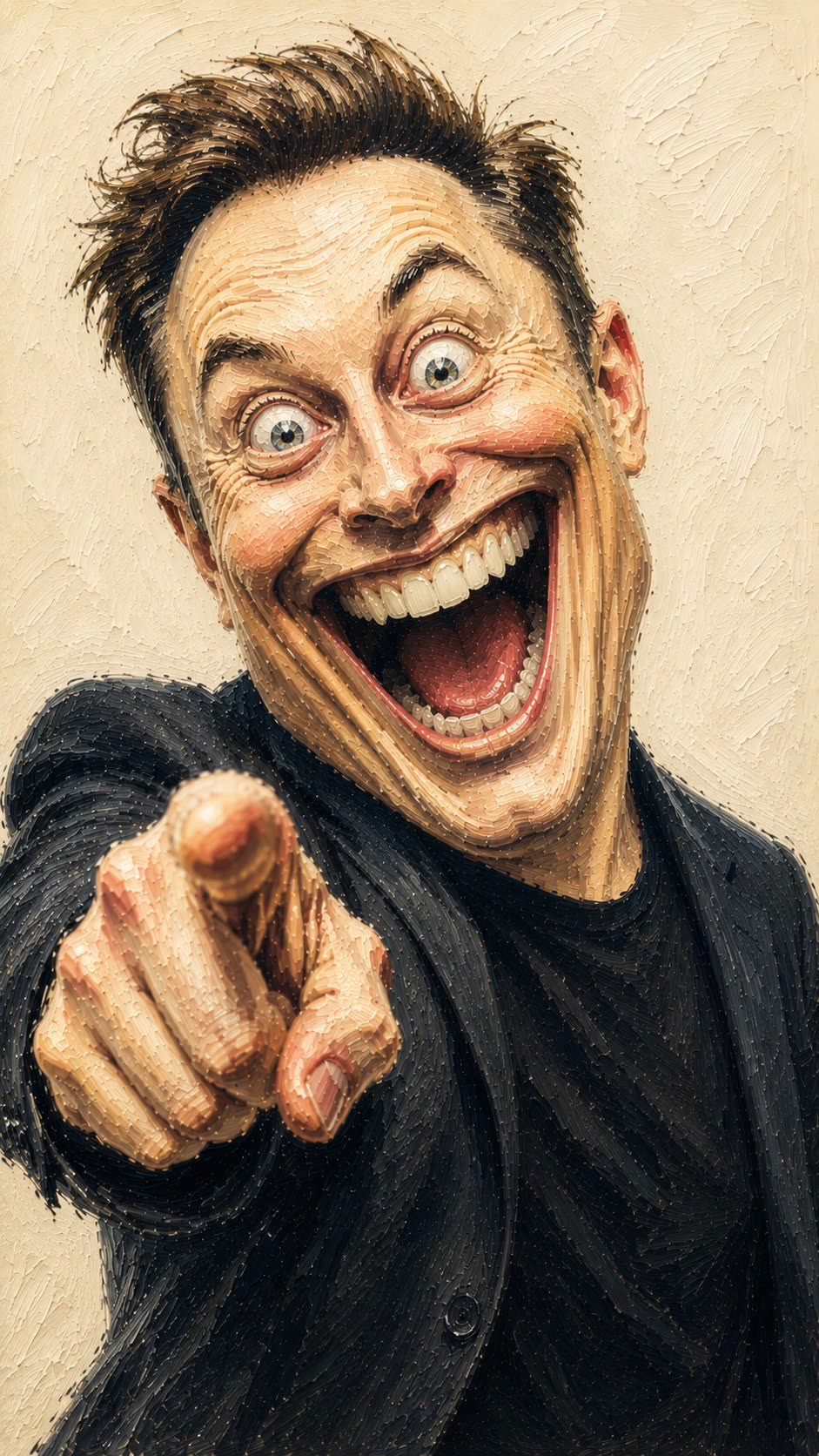 Segundo ejemplo: caricatura de Trump al óleo con expresión goofy y pinceladas impasto