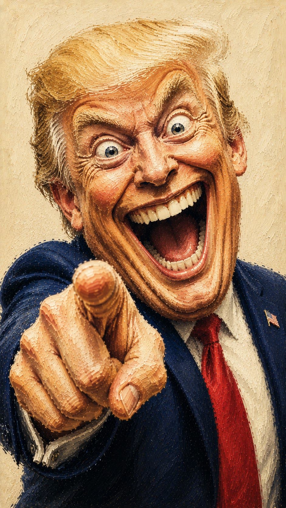 Cuarto ejemplo: caricatura de Trump al óleo vertical 9:16 con corbata roja y sonrisa exagerada