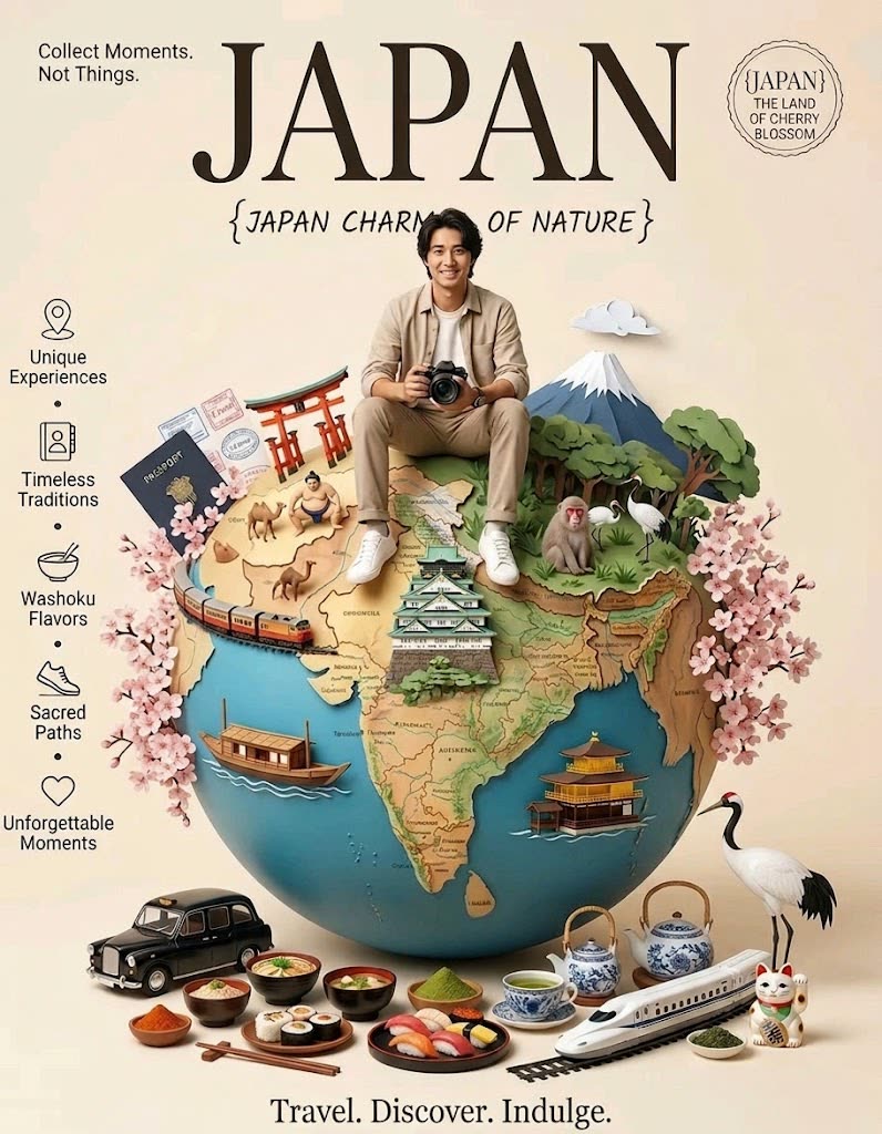 Póster viaje papercraft 3D de @noorwithwifi con globo lleno de landmarks