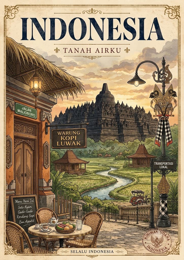 Póster vintage de viaje de @noorwithwifi con paleta sepia y landmarks culturales