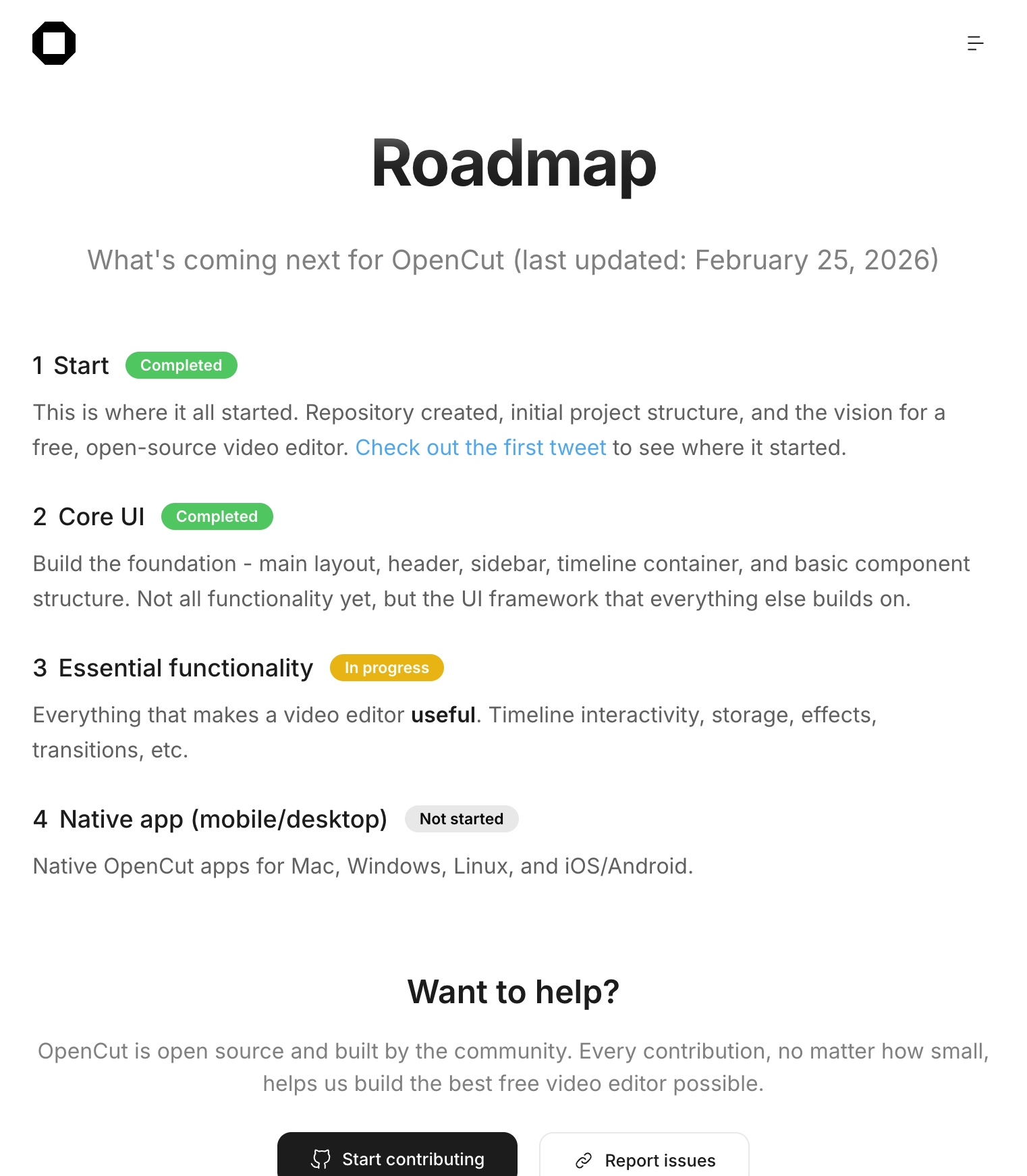 Roadmap de OpenCut: Start y Core UI completados, Essential functionality en progreso, Native app sin empezar