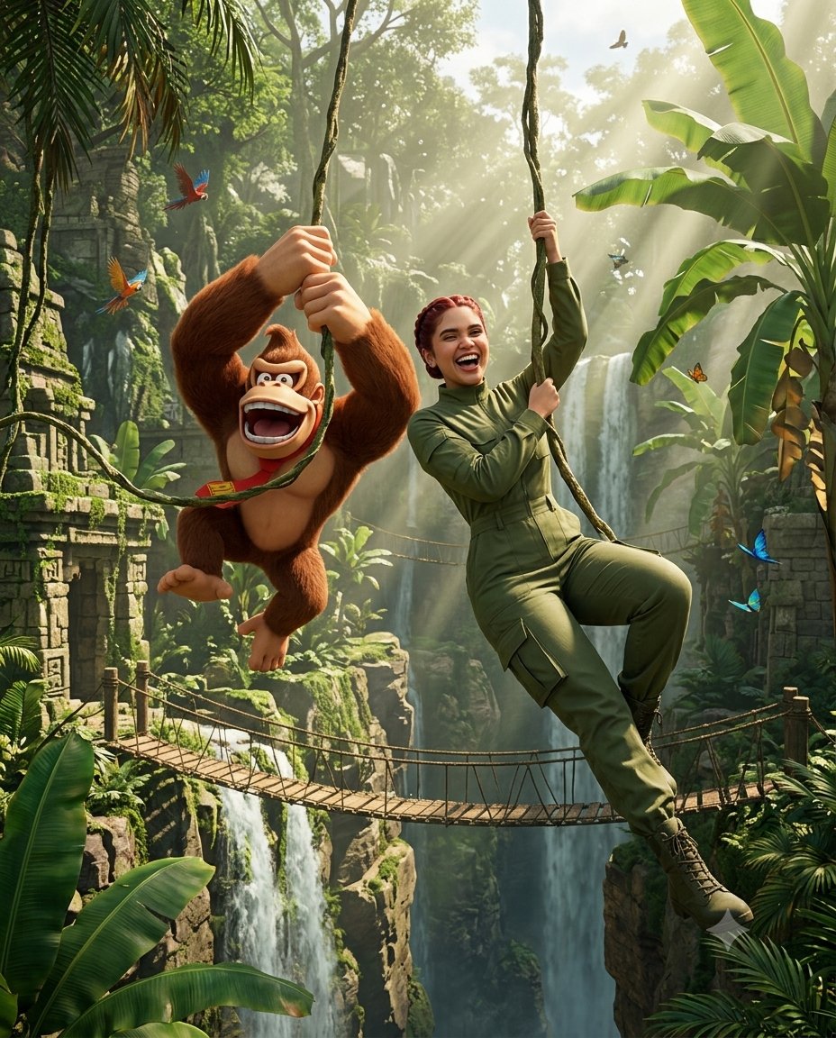 Prompt de IA: joven balanceándose en una liana junto a Donkey Kong por una jungla tropical con ruinas antiguas, cascadas y árboles de plátanos gigantes