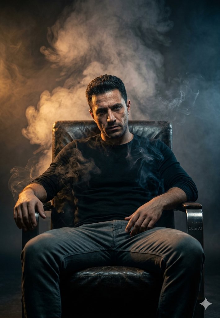 Retrato cinematográfico generado con Gemini Nano Banana 2: hombre en trono de cuero con smog industrial y luz dramática