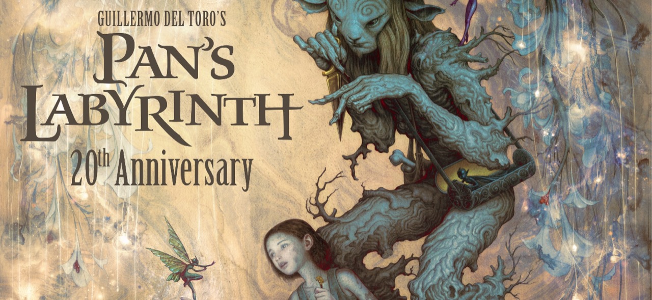 Anuncio de Cineverse del 20.º aniversario de El laberinto del fauno con Ofelia frente al laberinto de piedra