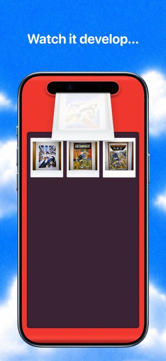 pico cam in the App Store: a Polaroid comes out of the Dynamic Island while the photo is developed in the app's gallery