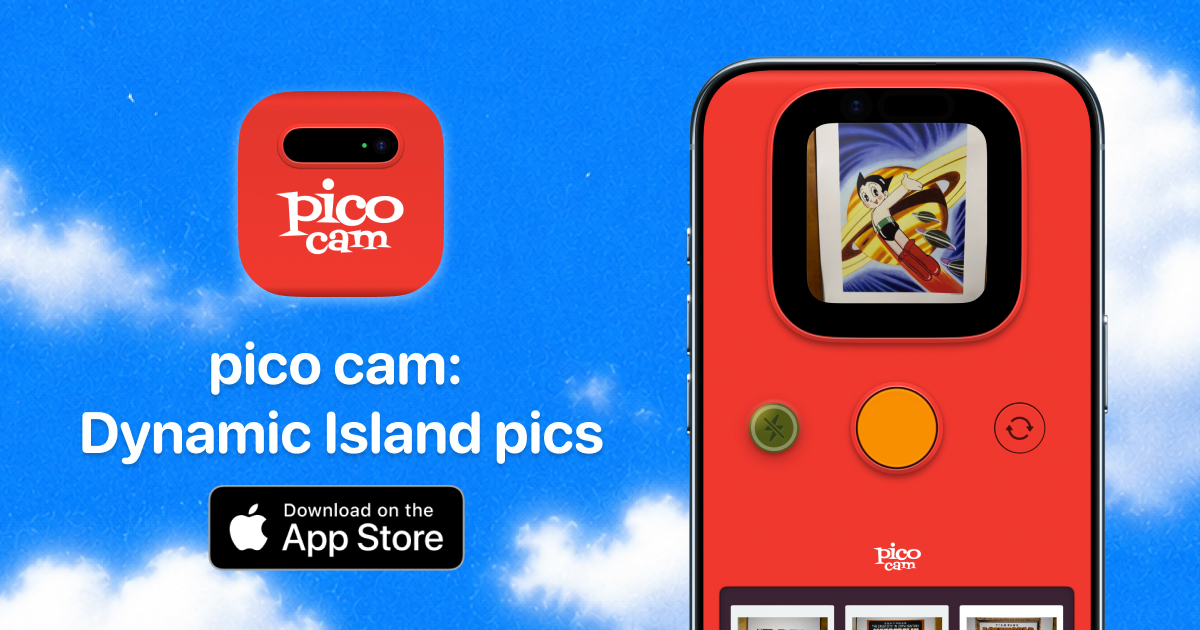 pico cam on iPhone: instant camera integrated into the Dynamic Island with Polaroid-like development animation — app by Soon Tiac Ching