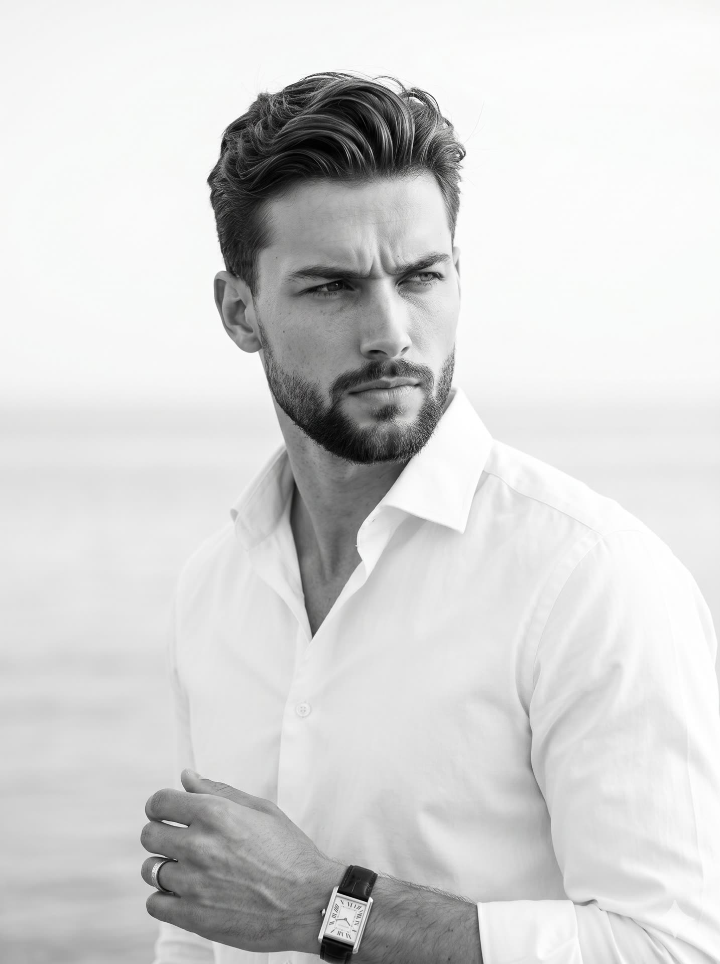 Retrato editorial Gemini Nano Banana 2: hombre con camisa blanca en blanco y negro high-key