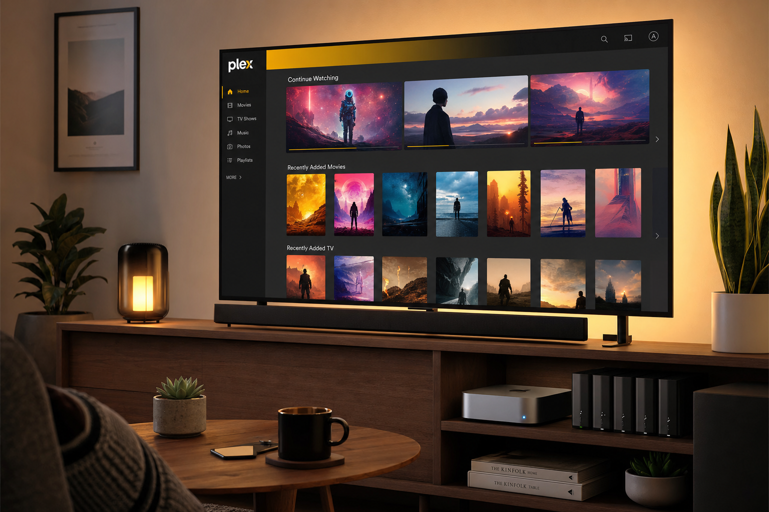 Living room with TV showing the Plex interface and a mini PC or NAS with external drives: local media server for movies and series saved at home