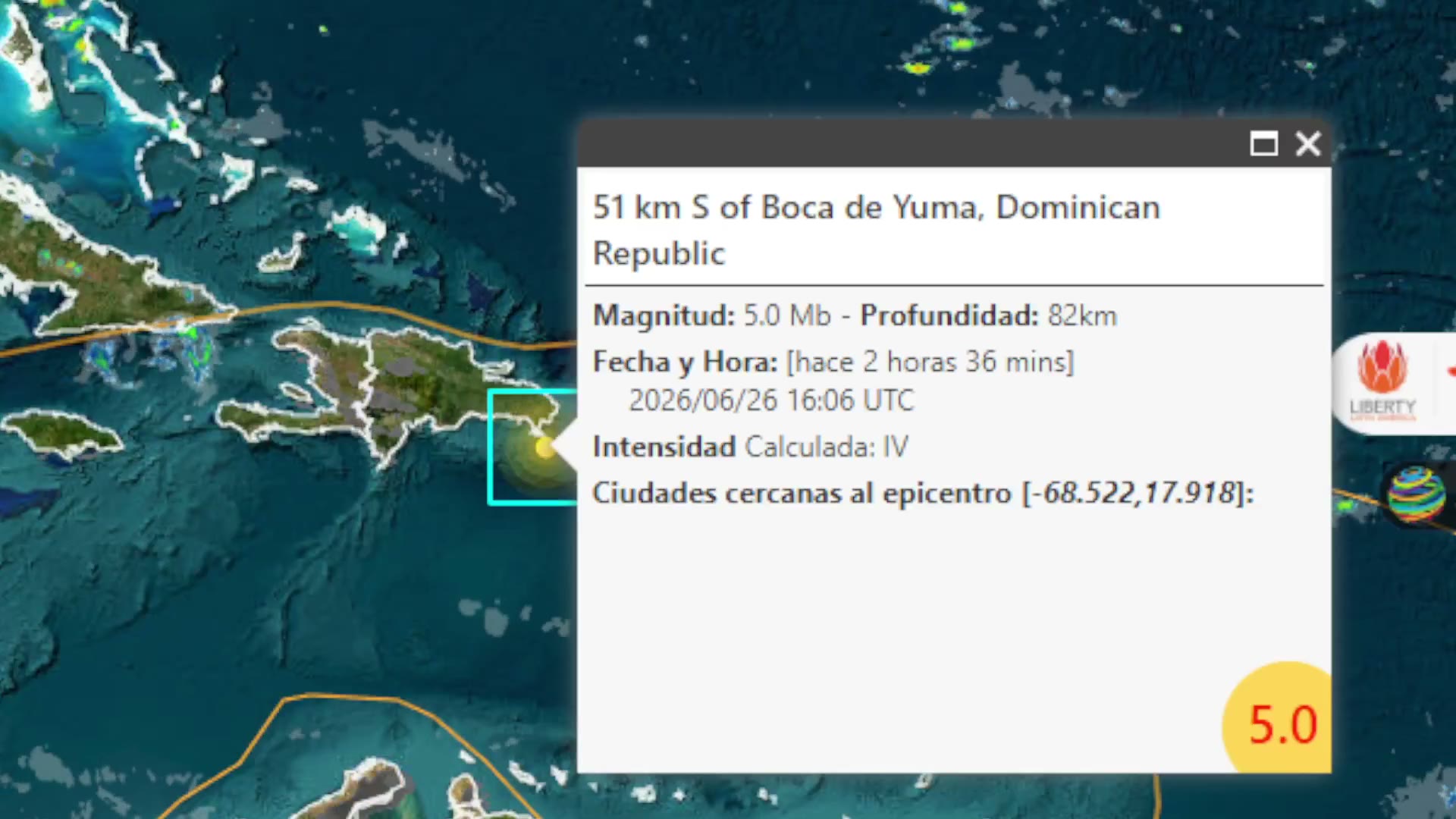 Mapa sísmico del temblor de magnitud 5,0 cerca de Boca de Yuma, República Dominicana, el 26 de junio de 2026