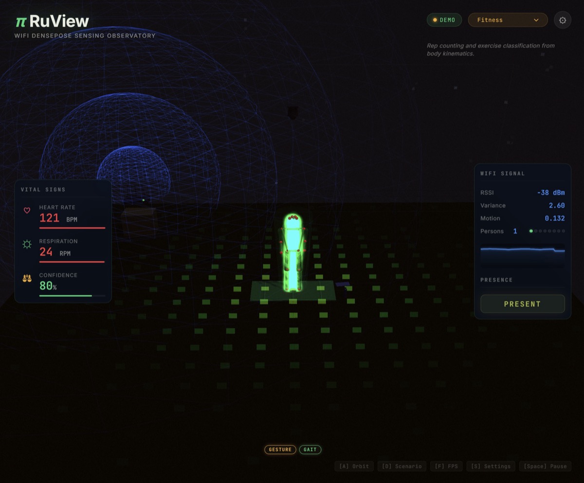RuView dashboard showing real-time pose detection from WiFi CSI signals, without camera