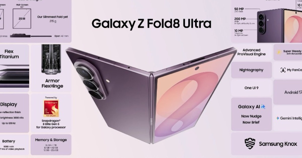 Ficha técnica del Galaxy Z Fold8 Ultra en Galaxy Unpacked julio 2026 — pantalla principal 8