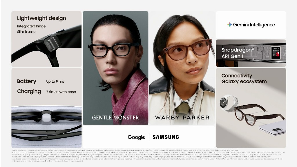 Ficha de Intelligent Eyewear — diseño ligero, Snapdragon AR1 Gen 1, Gemini Intelligence, 9 h de batería y ecosistema Galaxy