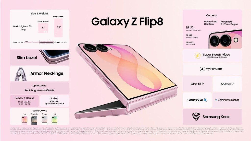 Ficha técnica del Galaxy Z Flip8 — 180 g, FlexWindow 4,1