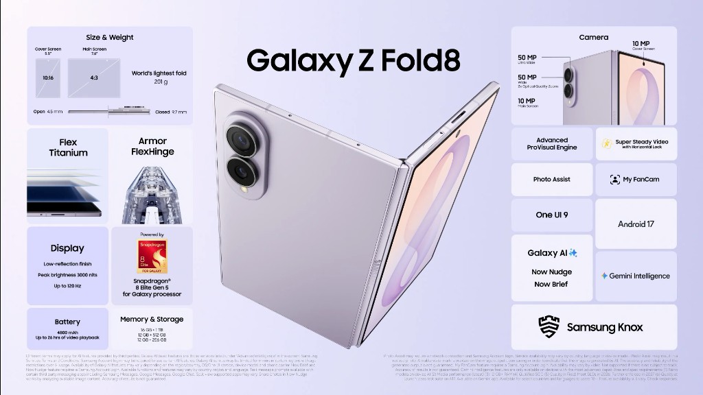 Ficha técnica oficial del Galaxy Z Fold8 — pantallas 6,5