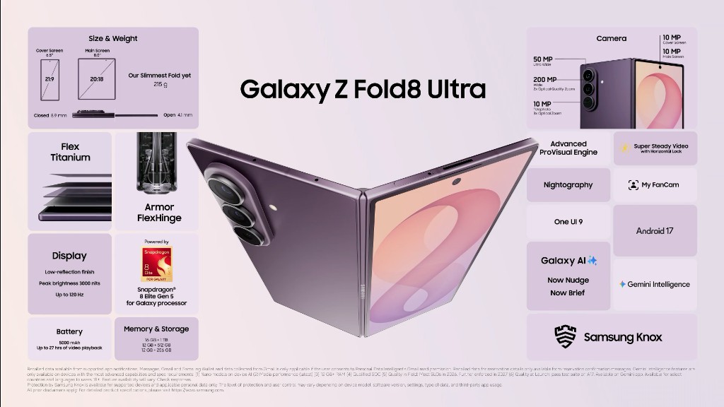 Ficha técnica del Galaxy Z Fold8 Ultra — pantalla 8