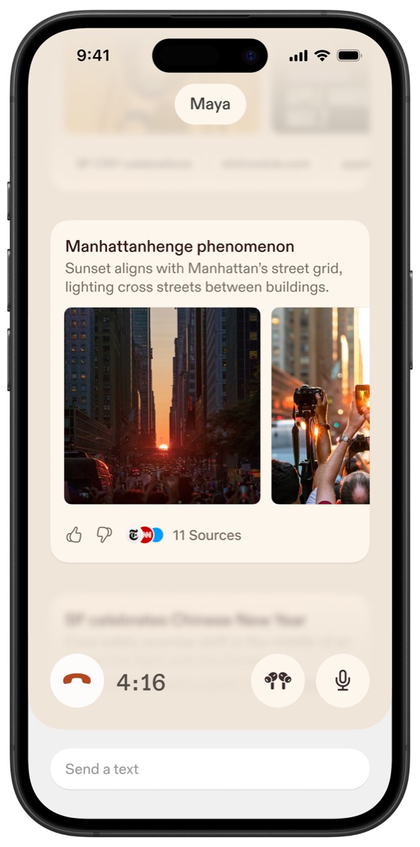 Captura de la app Sesame iOS mostrando search cards con resultados visuales durante una conversación por voz