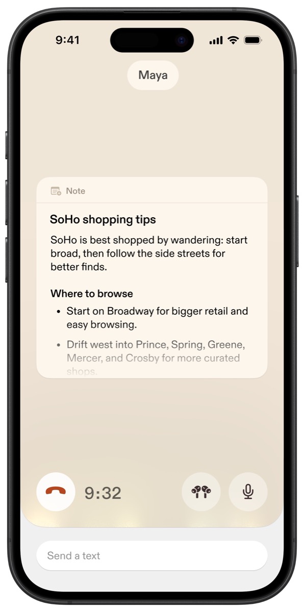 Interfaz de Sesame iOS con modo texto y resumen de conversación tras una llamada de voz