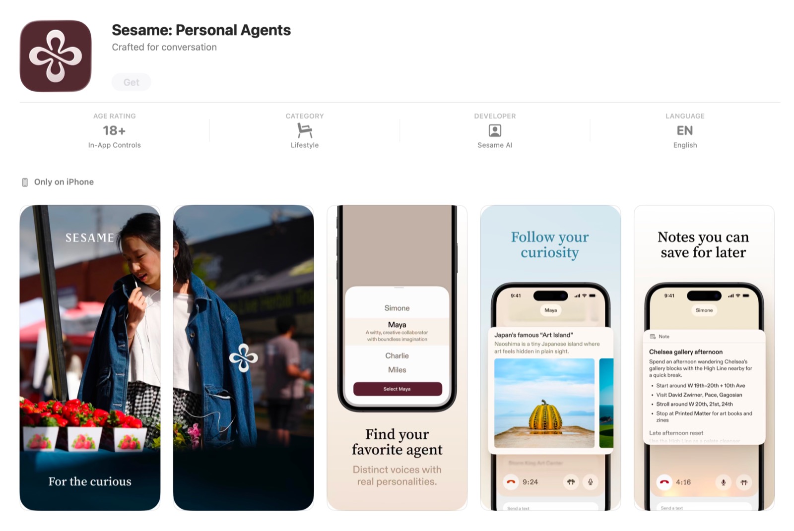 Los cuatro agentes de Sesame — Maya, Miles, Simone y Charlie — con avatares de colores en la app iOS