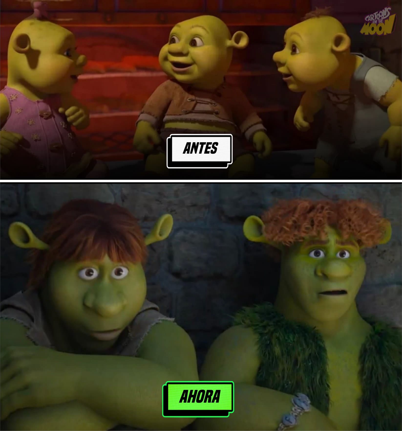 Evolución de los hijos de Shrek: Felicia, Fergus y Farkle de bebés en Shrek Tercero a adolescentes en Shrek 5