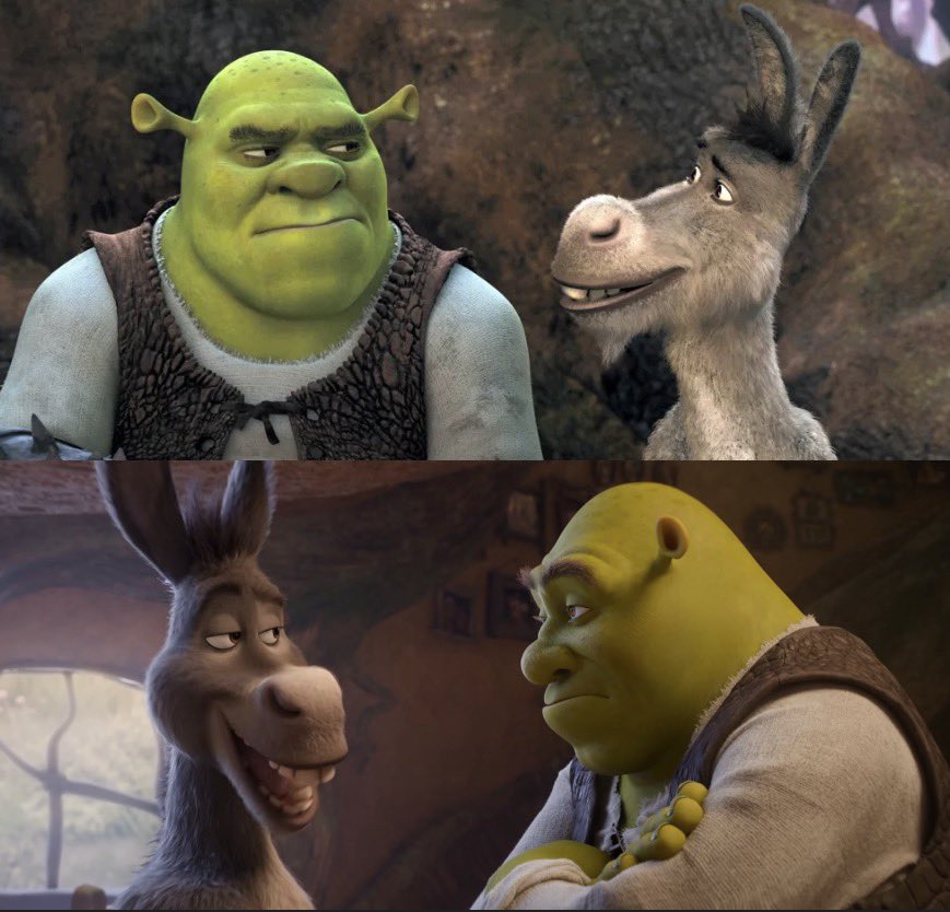 Comparativa de DiscussingFilm: Shrek y Burro en Shrek para siempre (2010) frente al rediseño de Shrek 5 (2027)