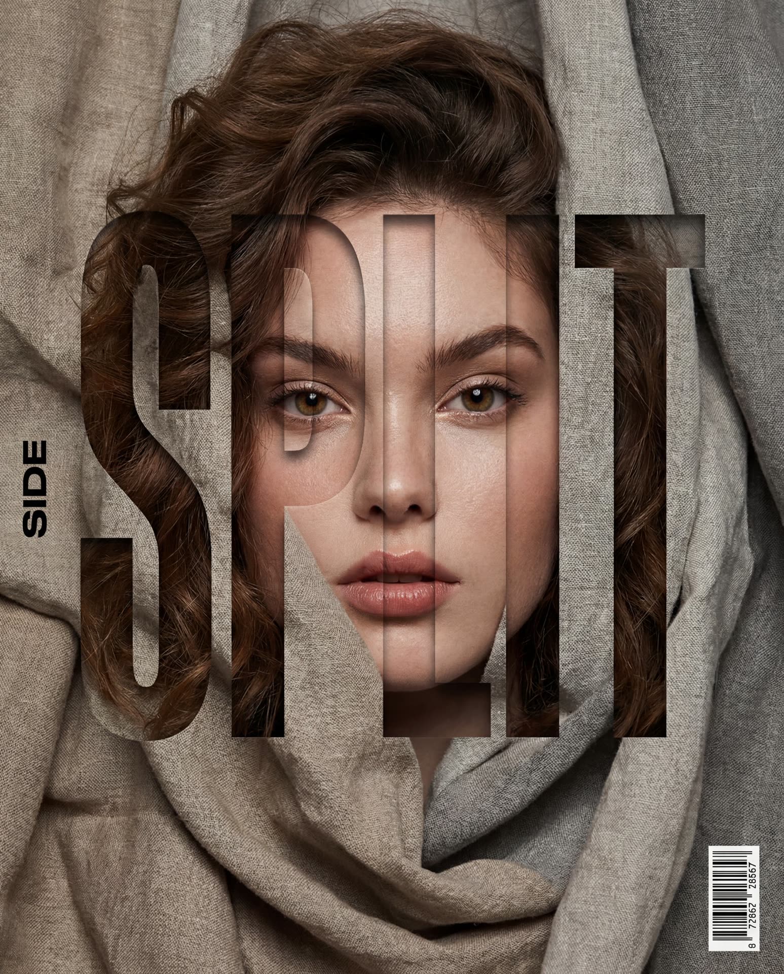 Póster editorial GPT Image 2: retrato de belleza con tipografía condensada cortada en tela arrugada y rasgos visibles entre las letras