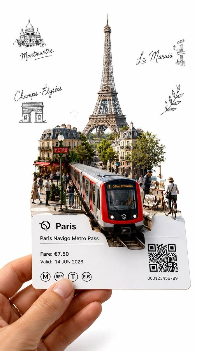 Ilustración de viaje GPT Image 2: mano con pase de transporte y miniatura urbana emergiendo del ticket